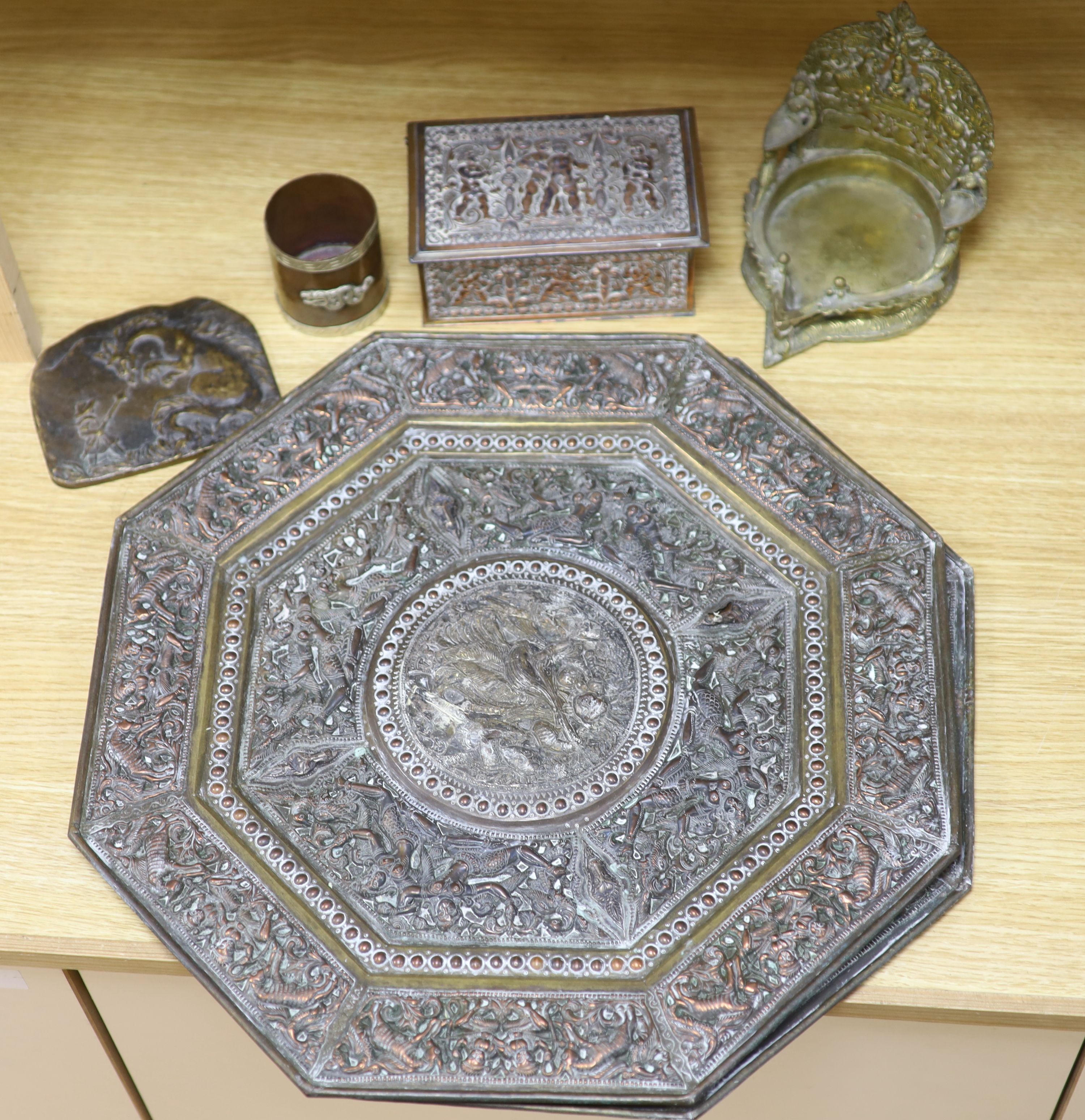 A pair of Indian cast metal trays and four other items, including a pair of octagonal embossed dishes, 46cm